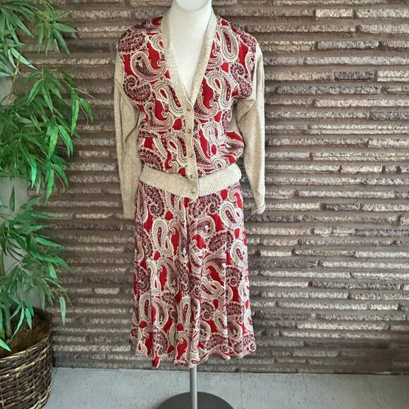 Ralph Lauren Vintage 90s Red Paisley Sweater and Skirt Outfit Size 4 - Picture 8 of 12